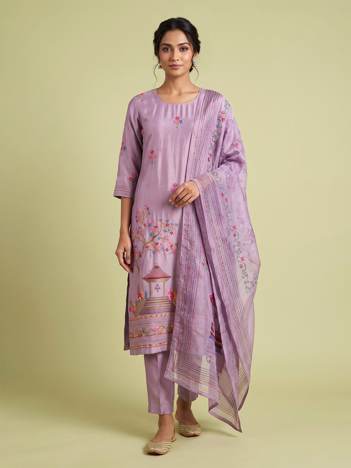 Lavender purple tussar silk kurti set with floral embellishments