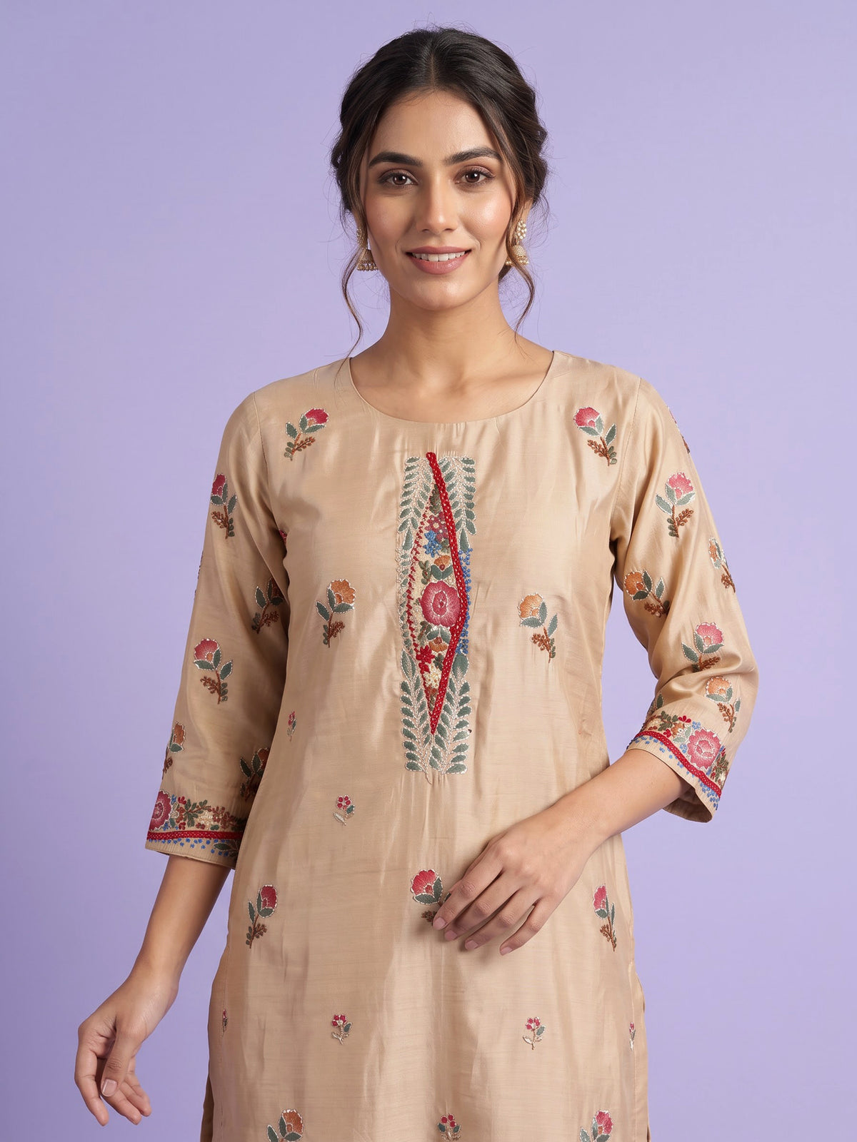 Beige tussar silk kurti set with floral embroidery