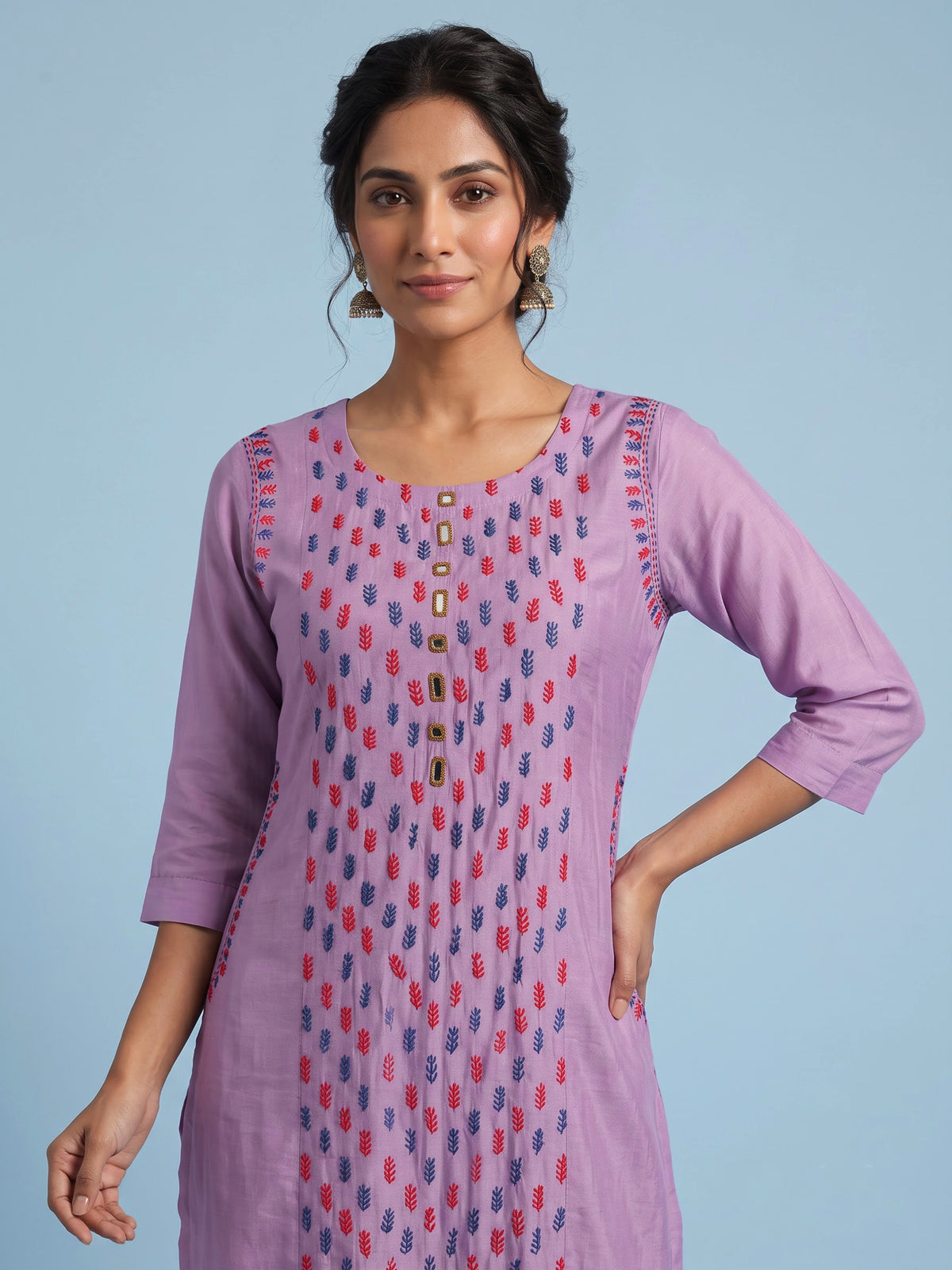 Lavender purple tussar silk kurti set with mirror embellishments