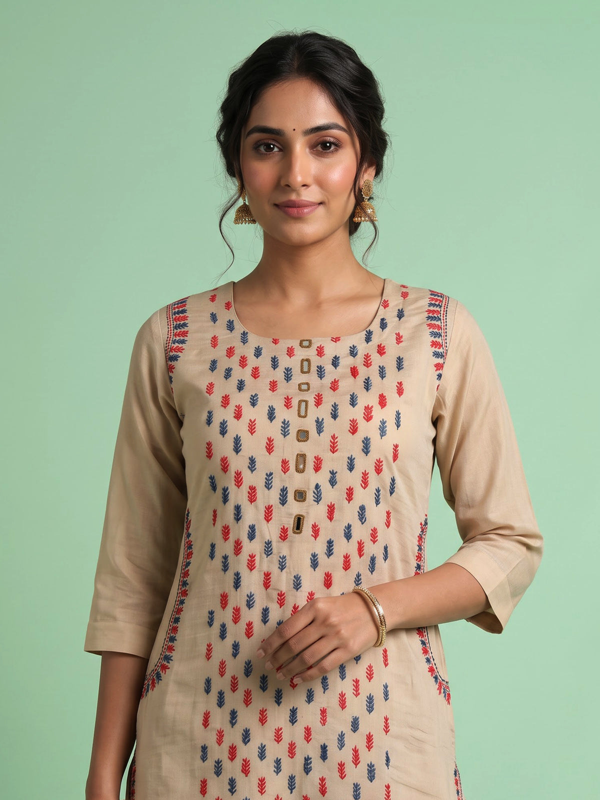 Beige tussar silk kurti set with mirror work