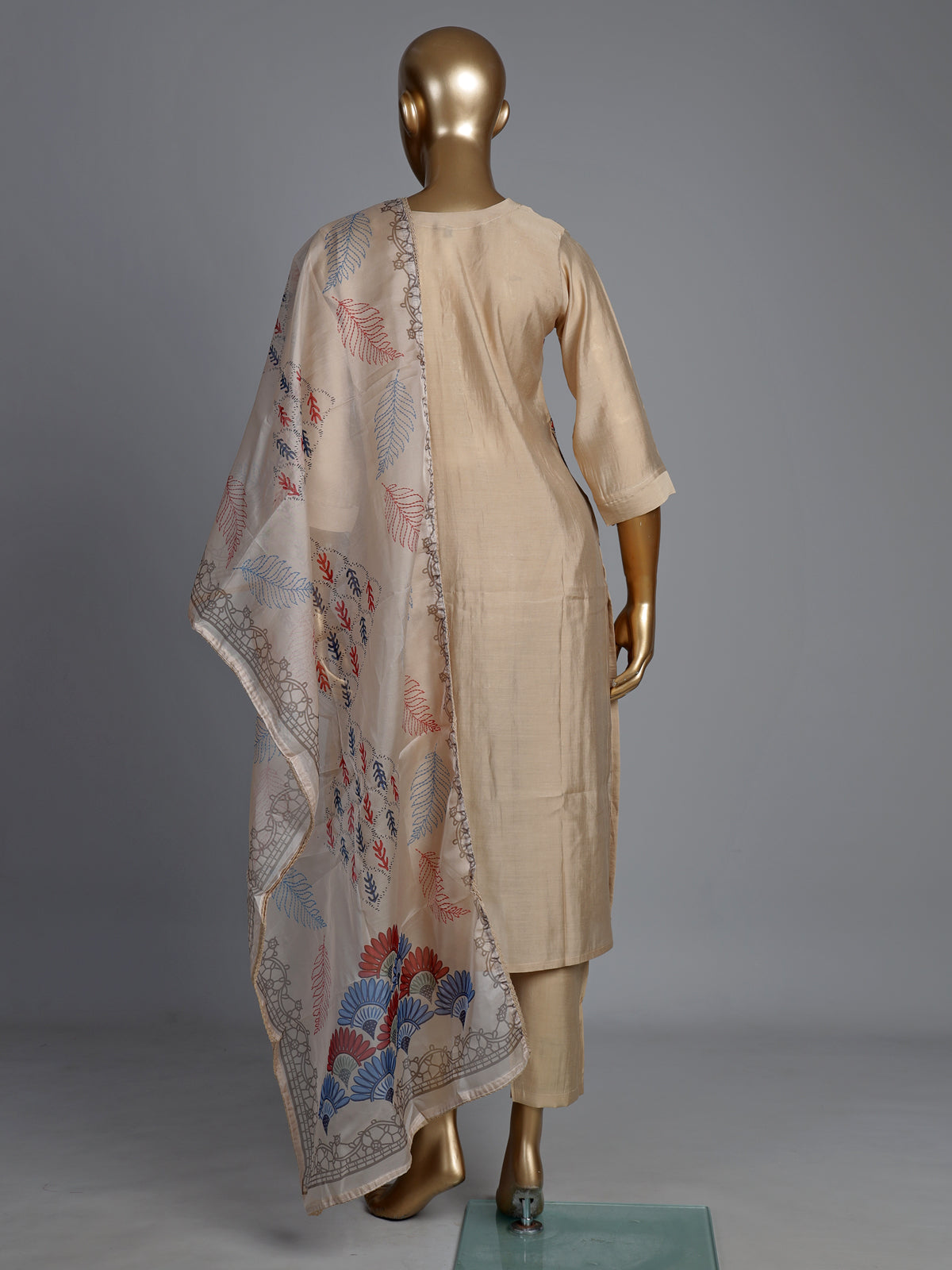 Beige tussar silk kurti set with mirror work