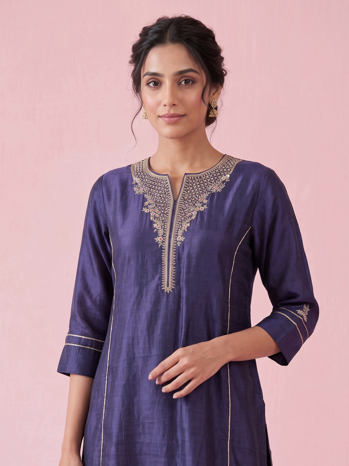Navy blue silk kurti set with zardosi embellishments