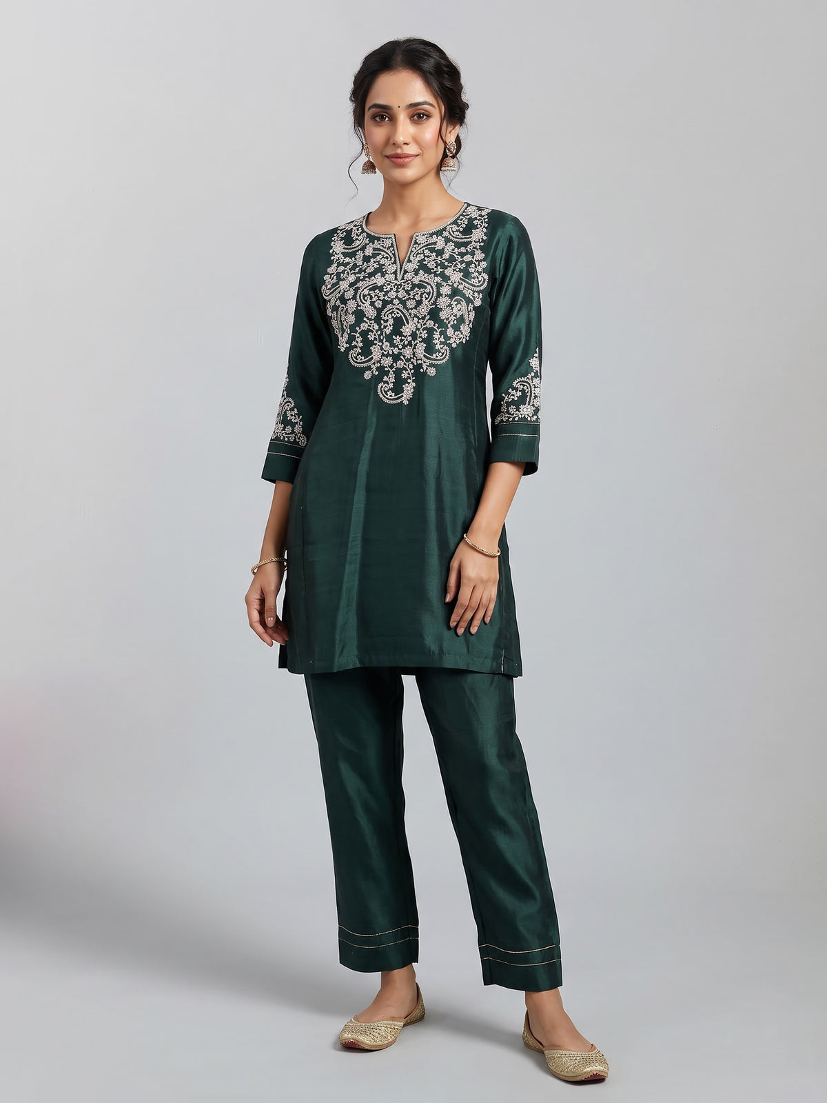 Bottle green silk kurti set with resham and embroidery