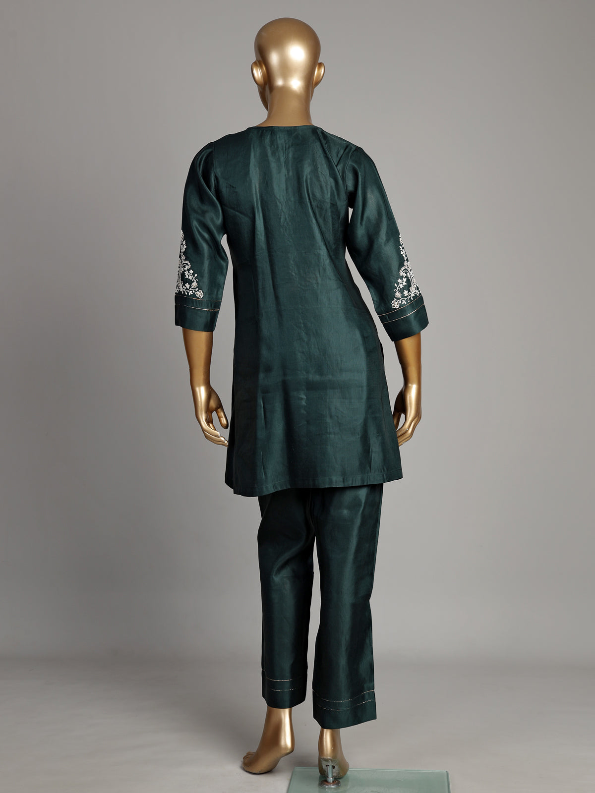 Bottle green silk kurti set with resham and embroidery