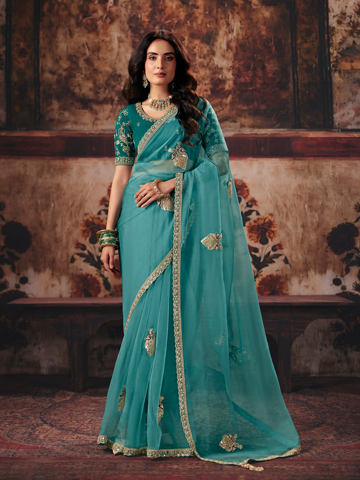 Mint blue peacock organza women saree