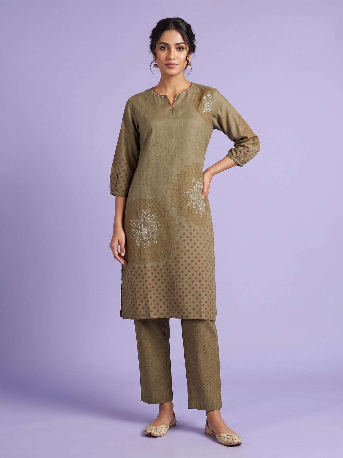 Olive cotton silk kurti set with floral print