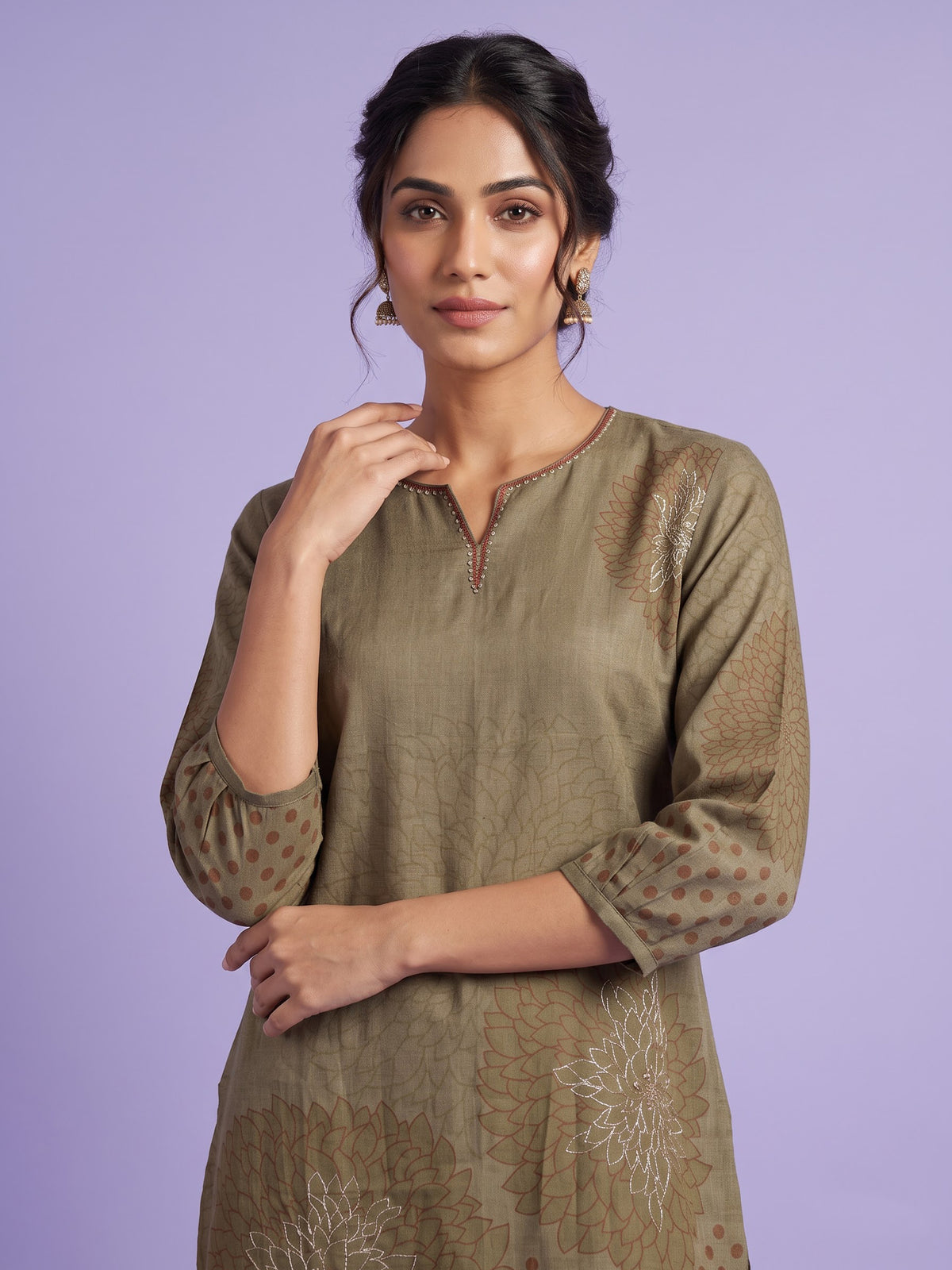 Olive cotton silk kurti set with floral print