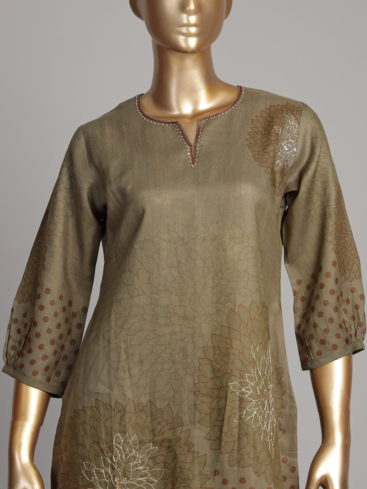 Olive cotton silk kurti set with floral print