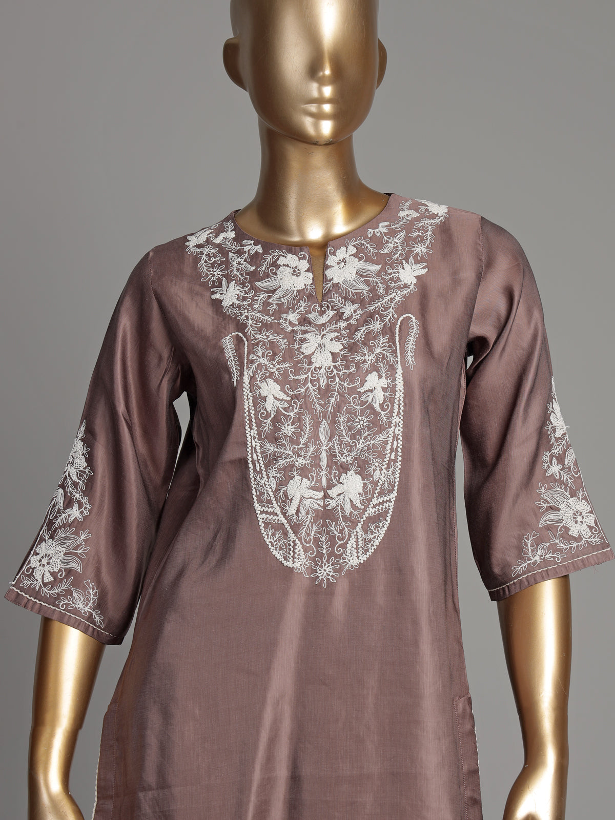 Pastel brown silk kurti set with white embroidery