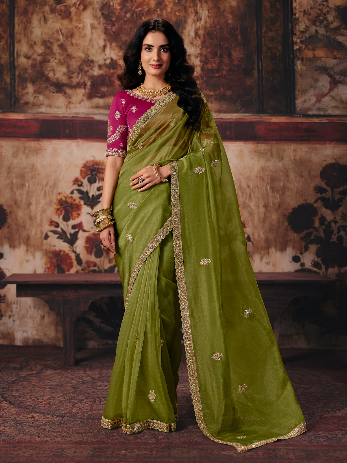 Green floral organza women saree with tassels