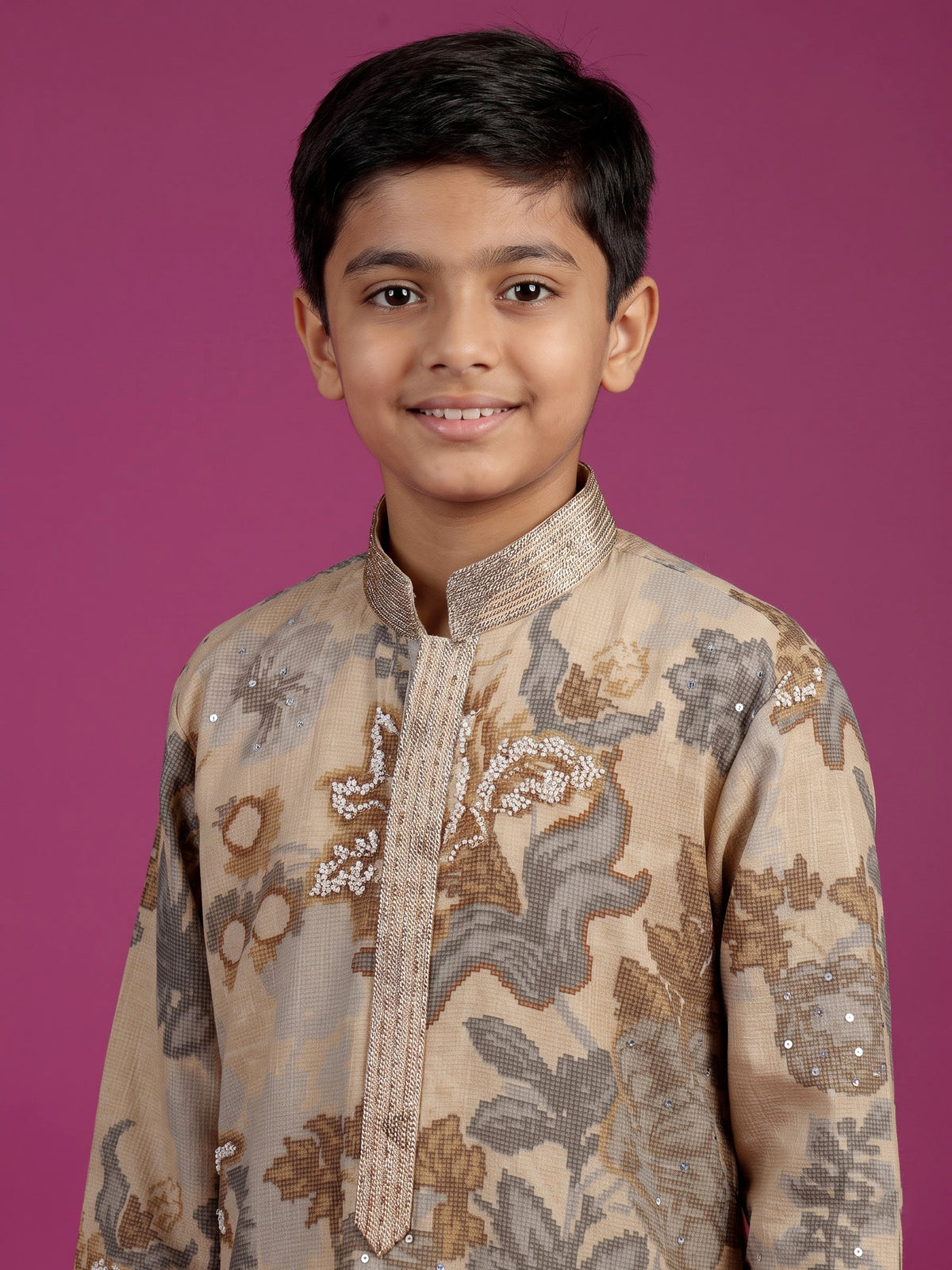 Beige baroque floral boys kurta suit