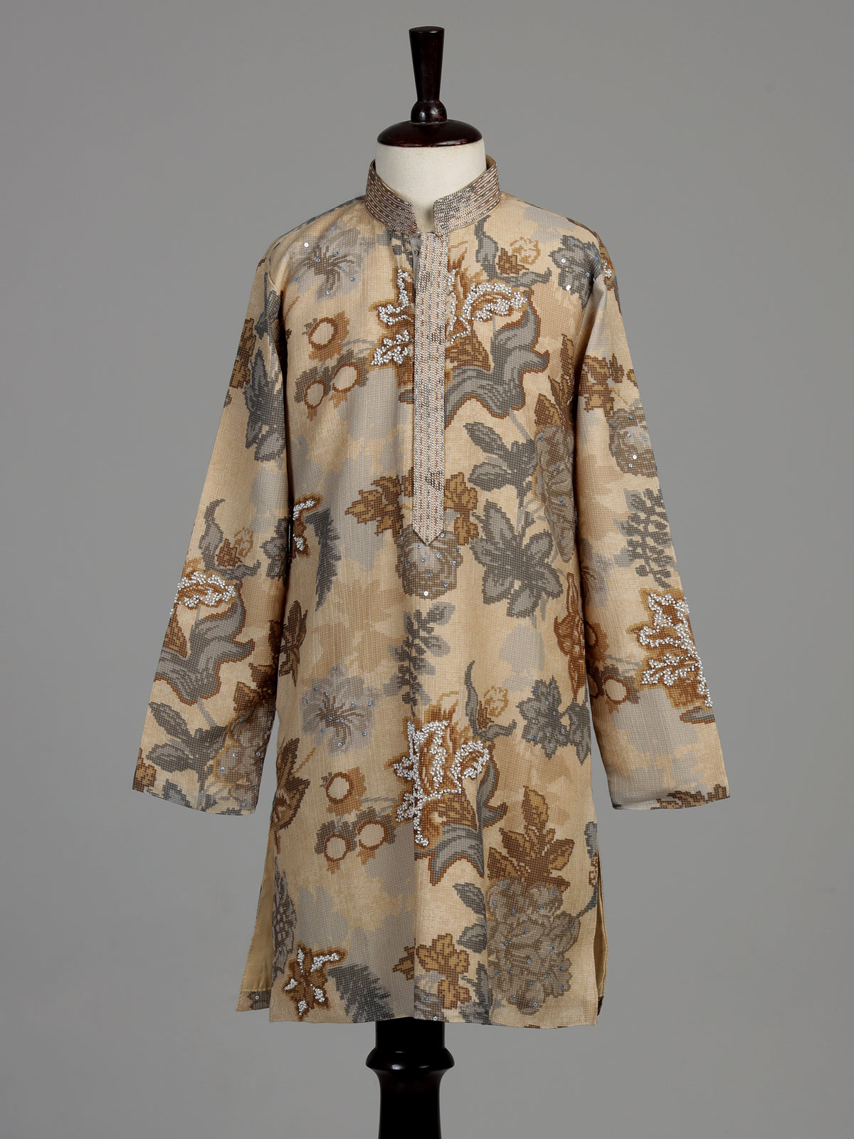 Beige baroque floral boys kurta suit