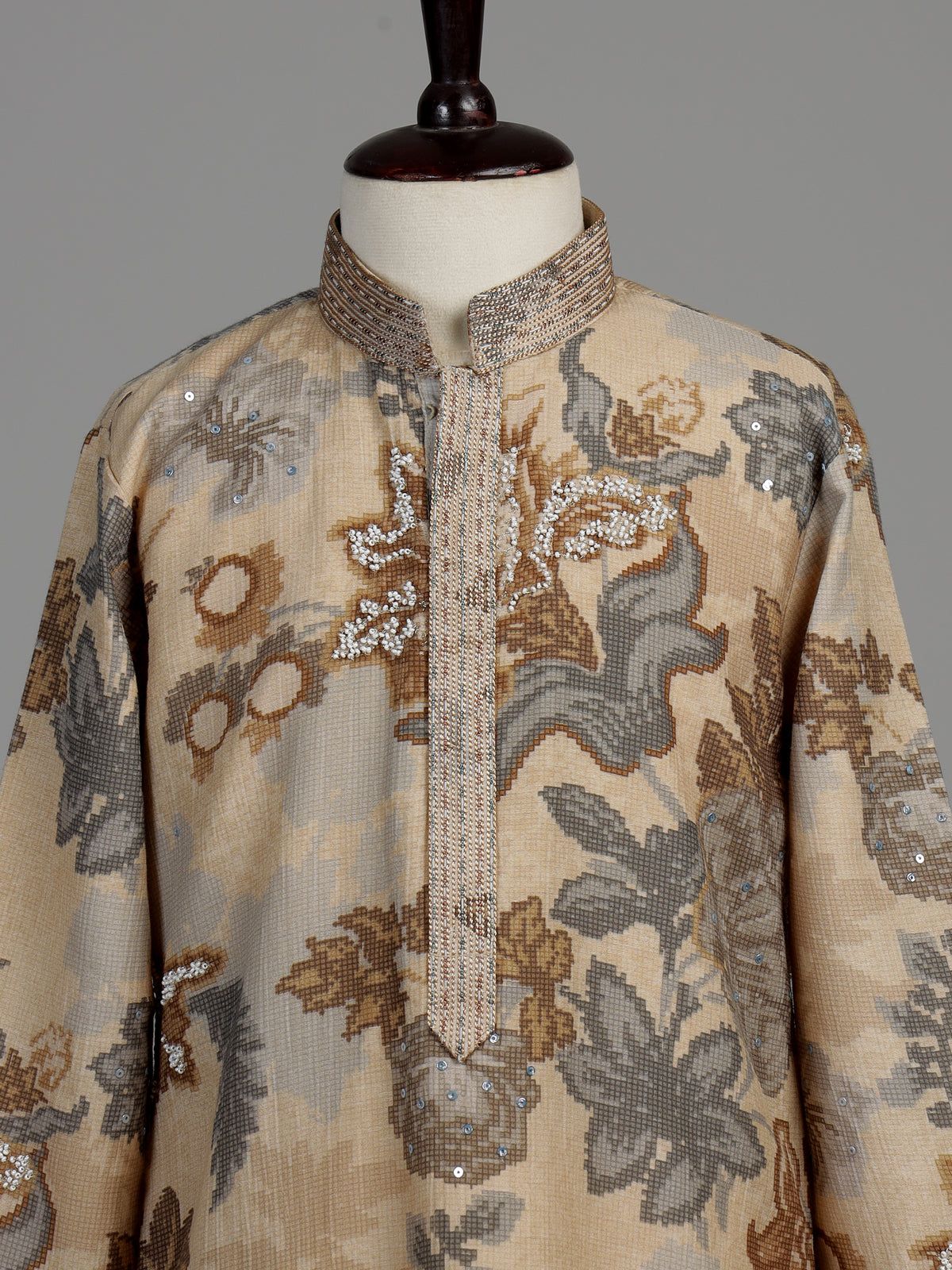 Beige baroque floral boys kurta suit