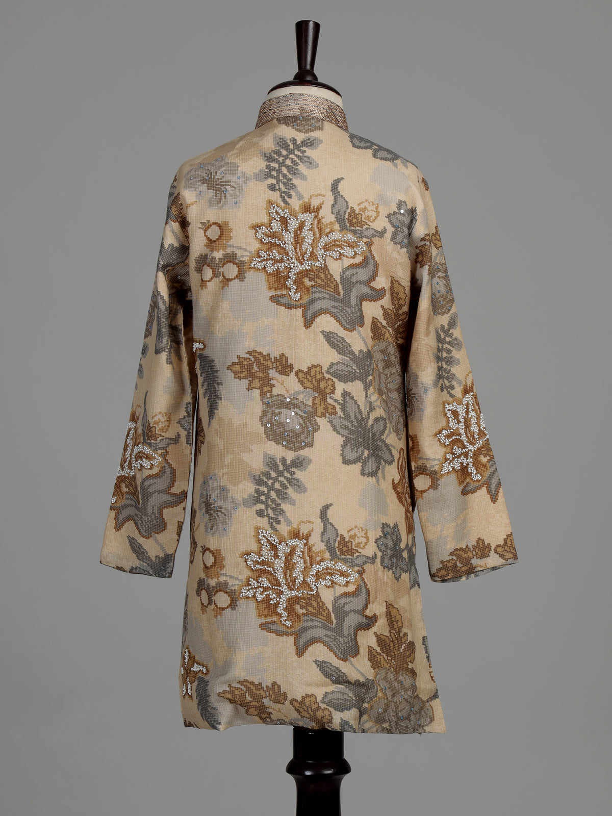 Beige baroque floral boys kurta suit