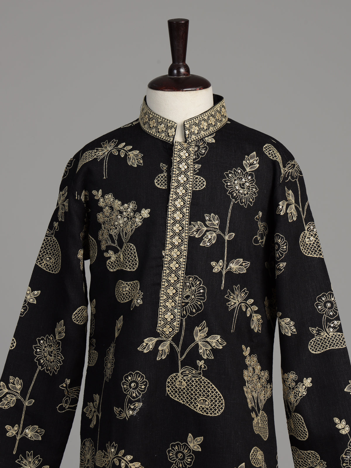 Black blooming tree embroidered boys kurta suit