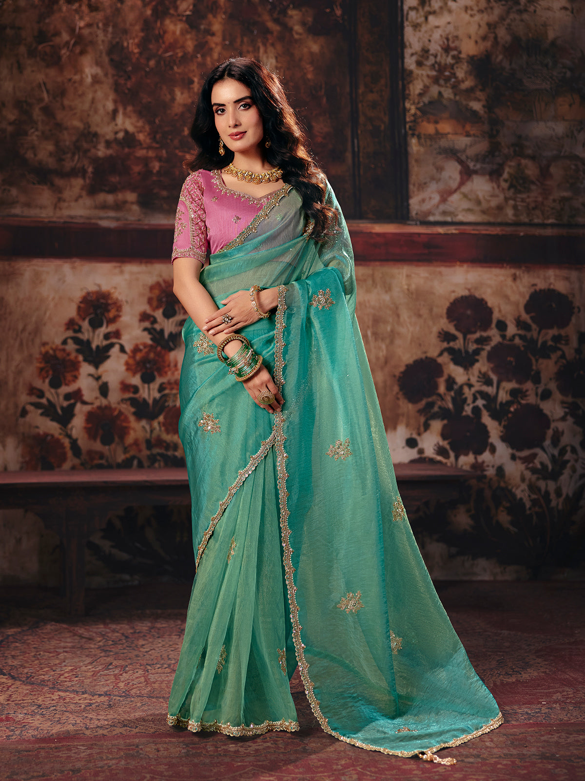 Mint blue embellished organza women saree