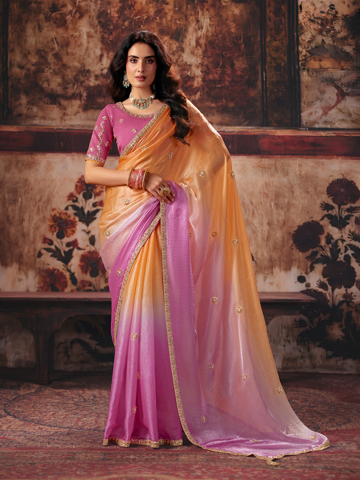 Light orange pink shaded satin women saree
