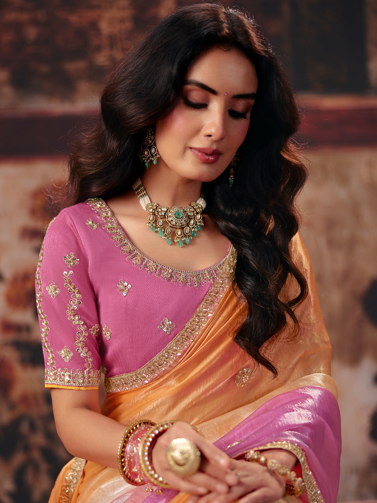 Light orange pink shaded satin women saree