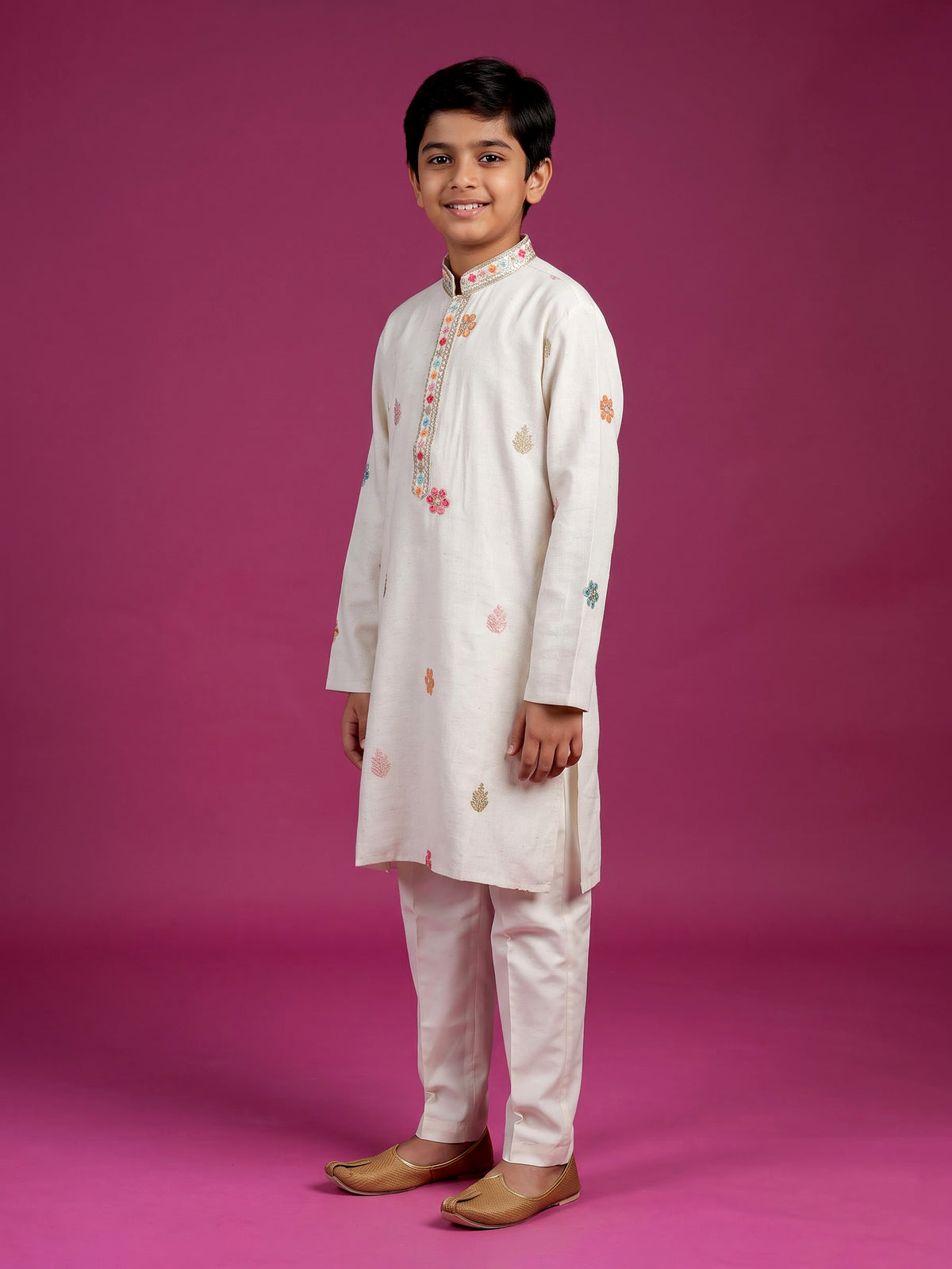 White multicolour paisley boys kurta suit