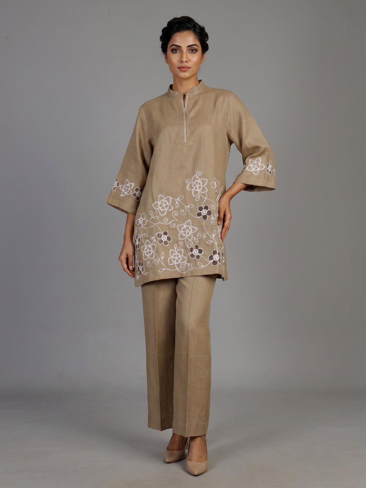 Khaki brown vine embroidery women co-ord set