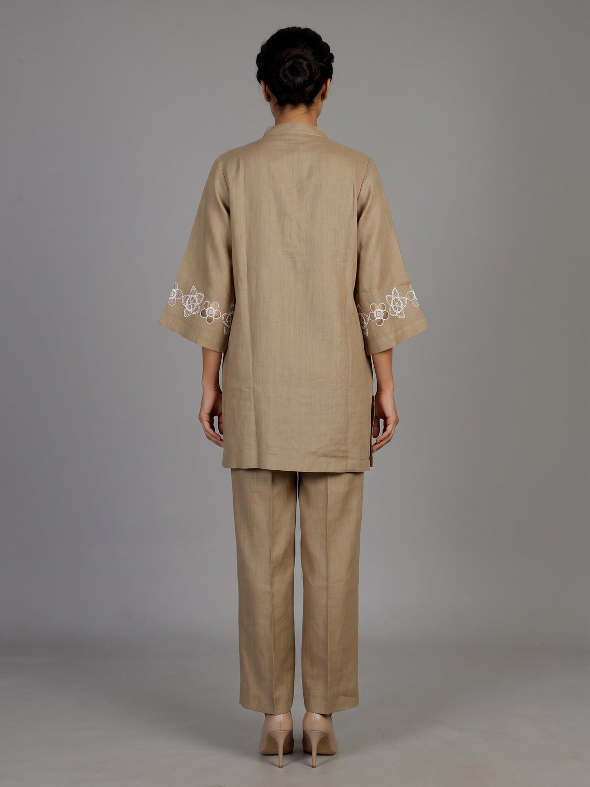 Khaki brown vine embroidery women co-ord set
