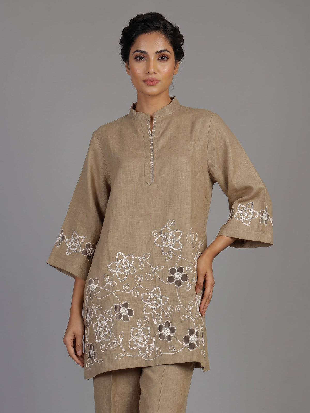 Khaki brown vine embroidery women co-ord set