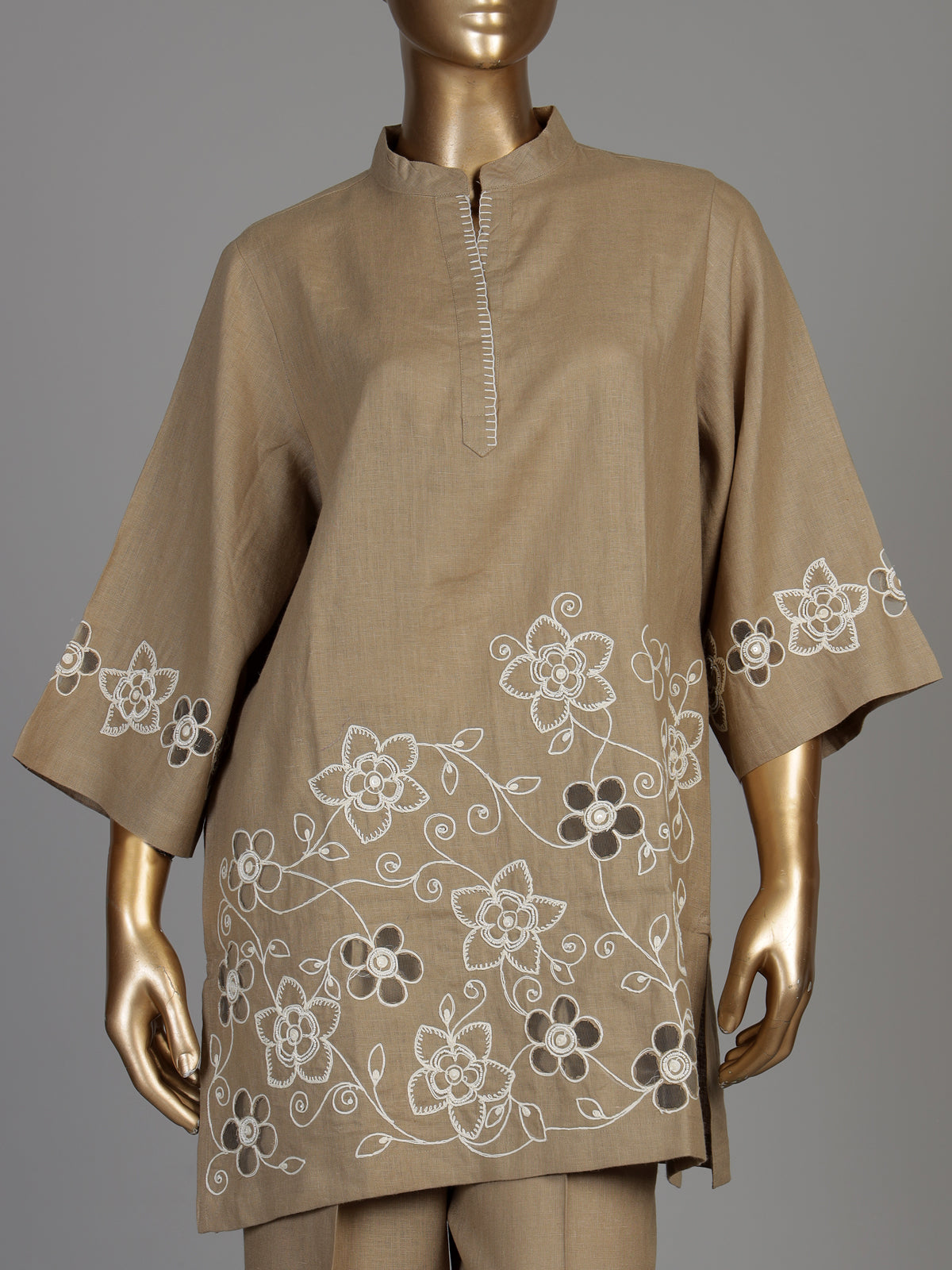 Khaki brown vine embroidery women co-ord set