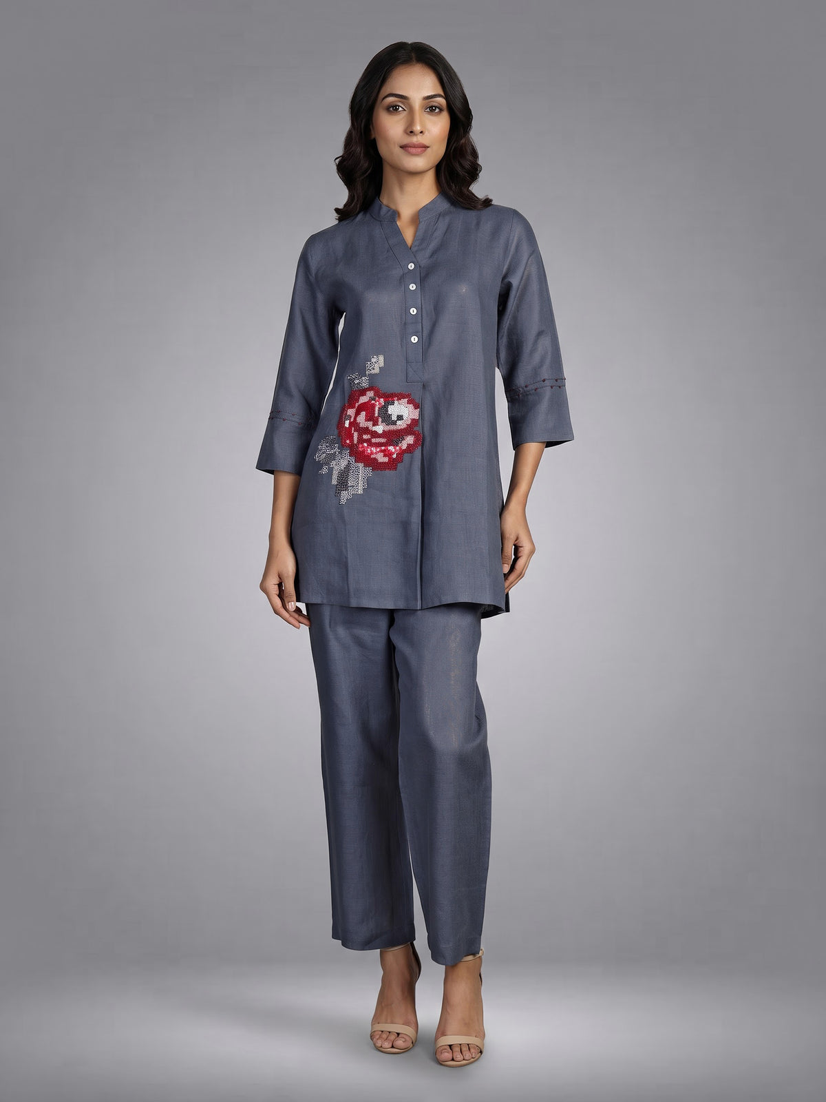 Stone blue rose motif women co-ord set