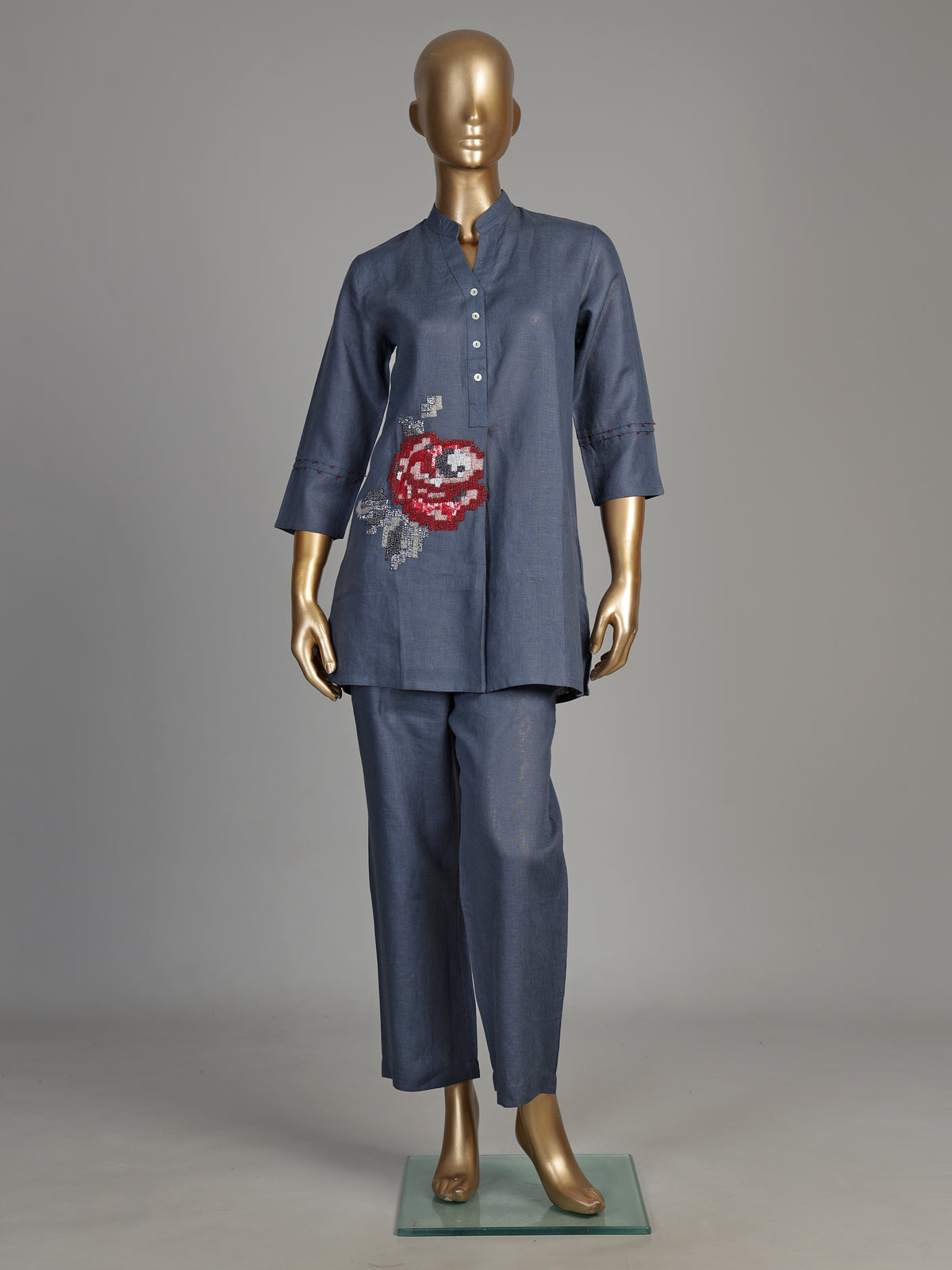 Stone blue rose motif women co-ord set