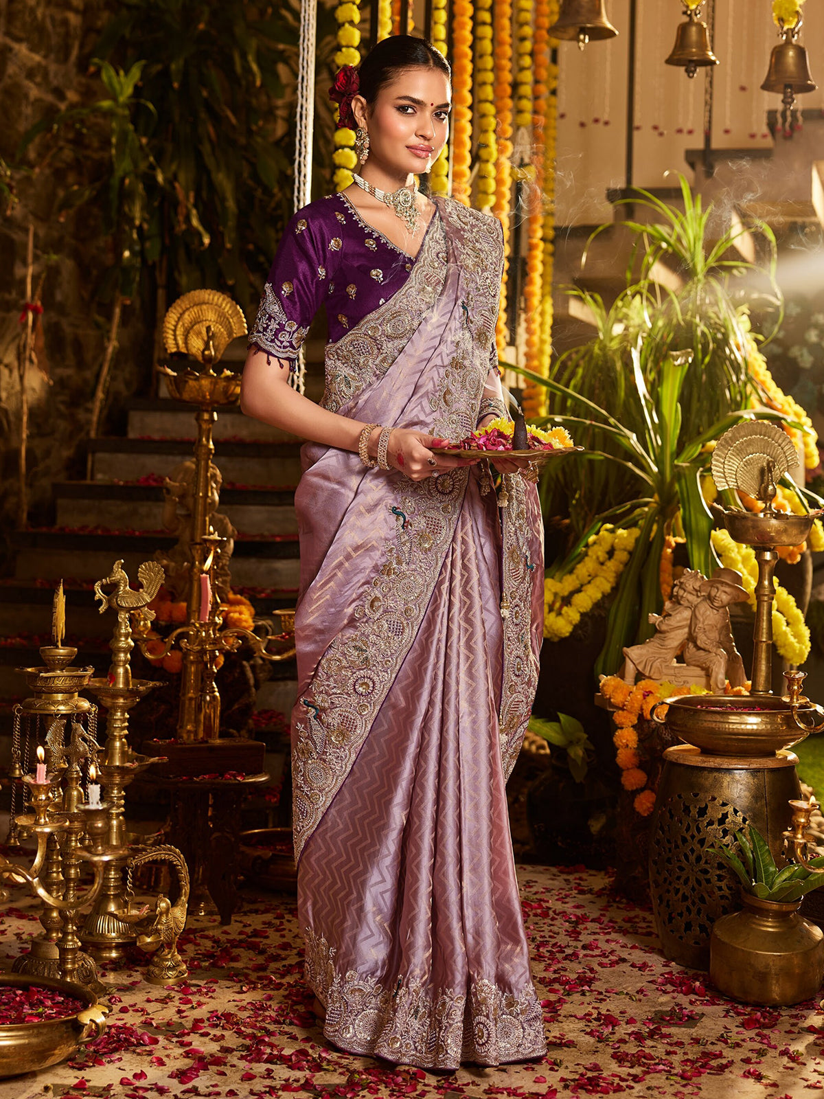 Lavender chevron peacock tissue silk women saree