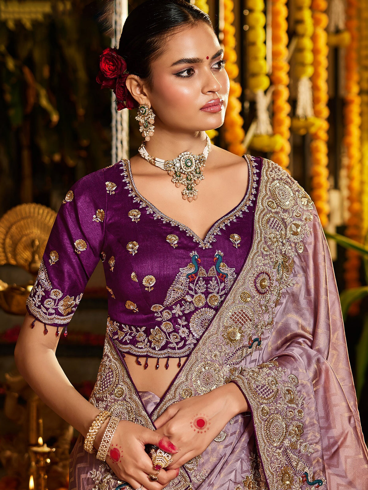 Lavender chevron peacock tissue silk women saree
