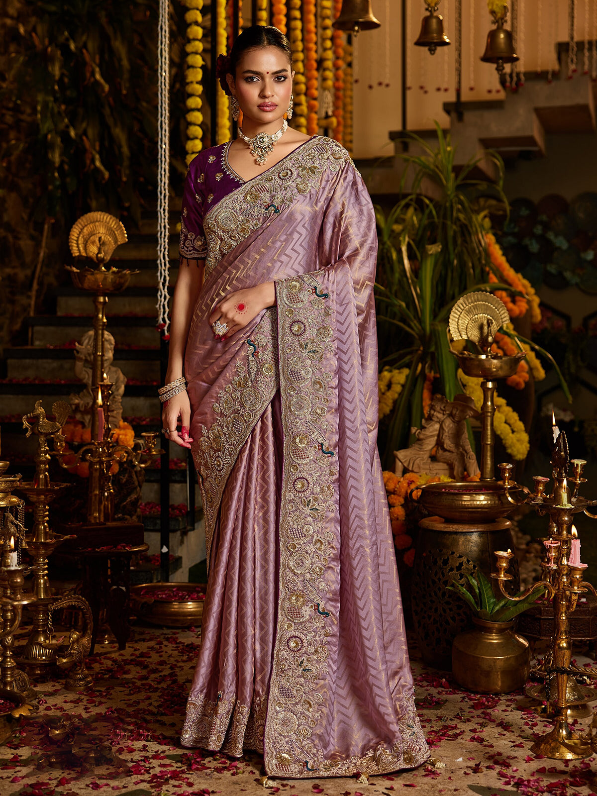 Lavender chevron peacock tissue silk women saree