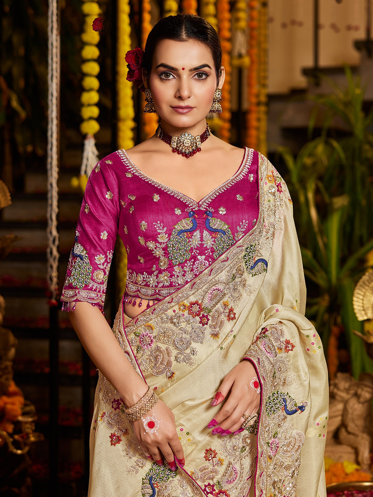 Cream floral medallion tissue silk women saree