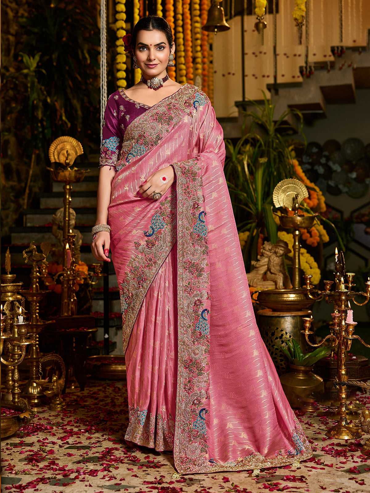 Pink peacock border tissue silk women saree