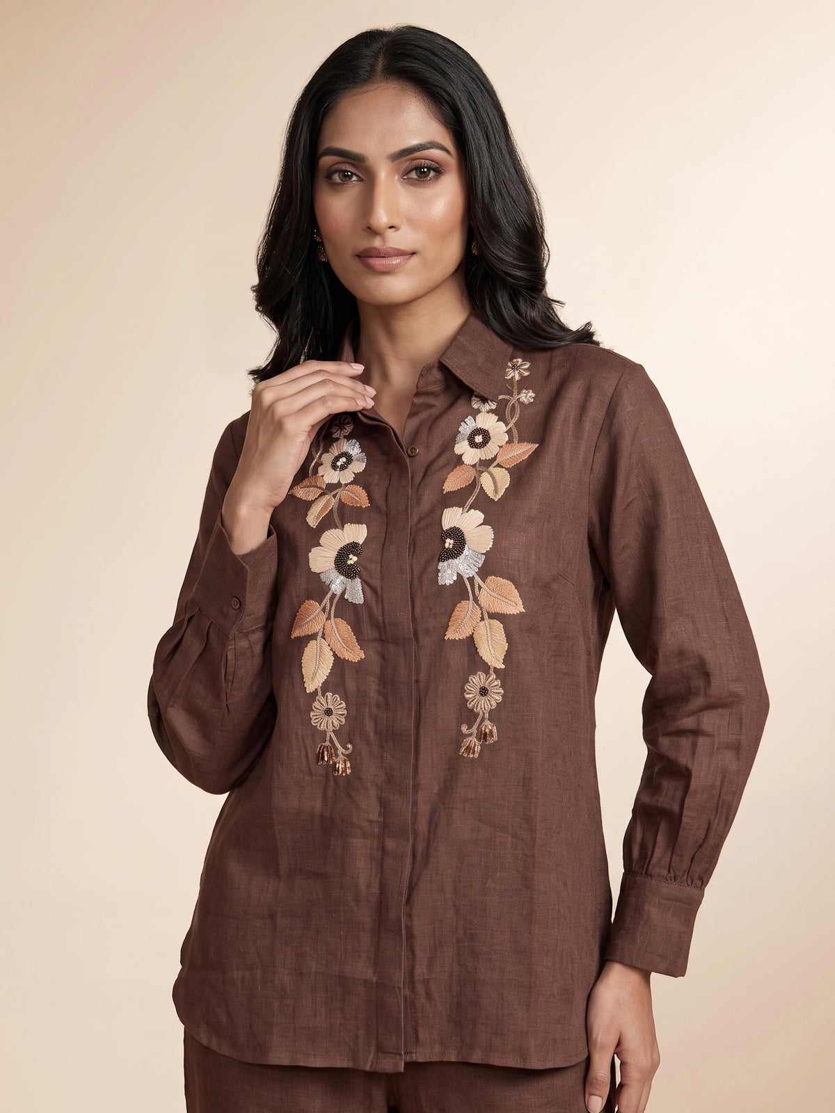 Brown wildflower shirt women co-ord set