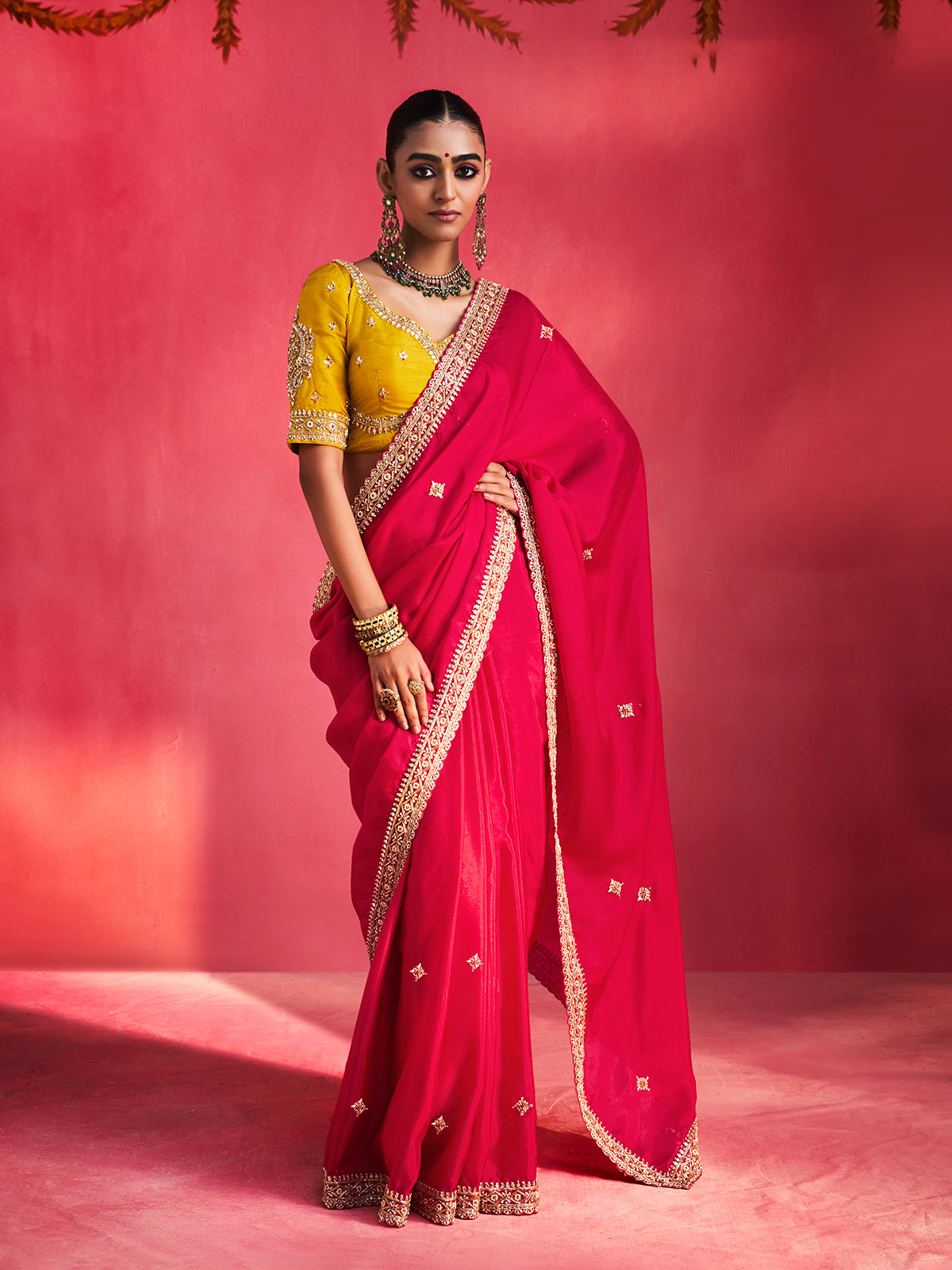 Rani pink vibrant blooms crepe silk women saree