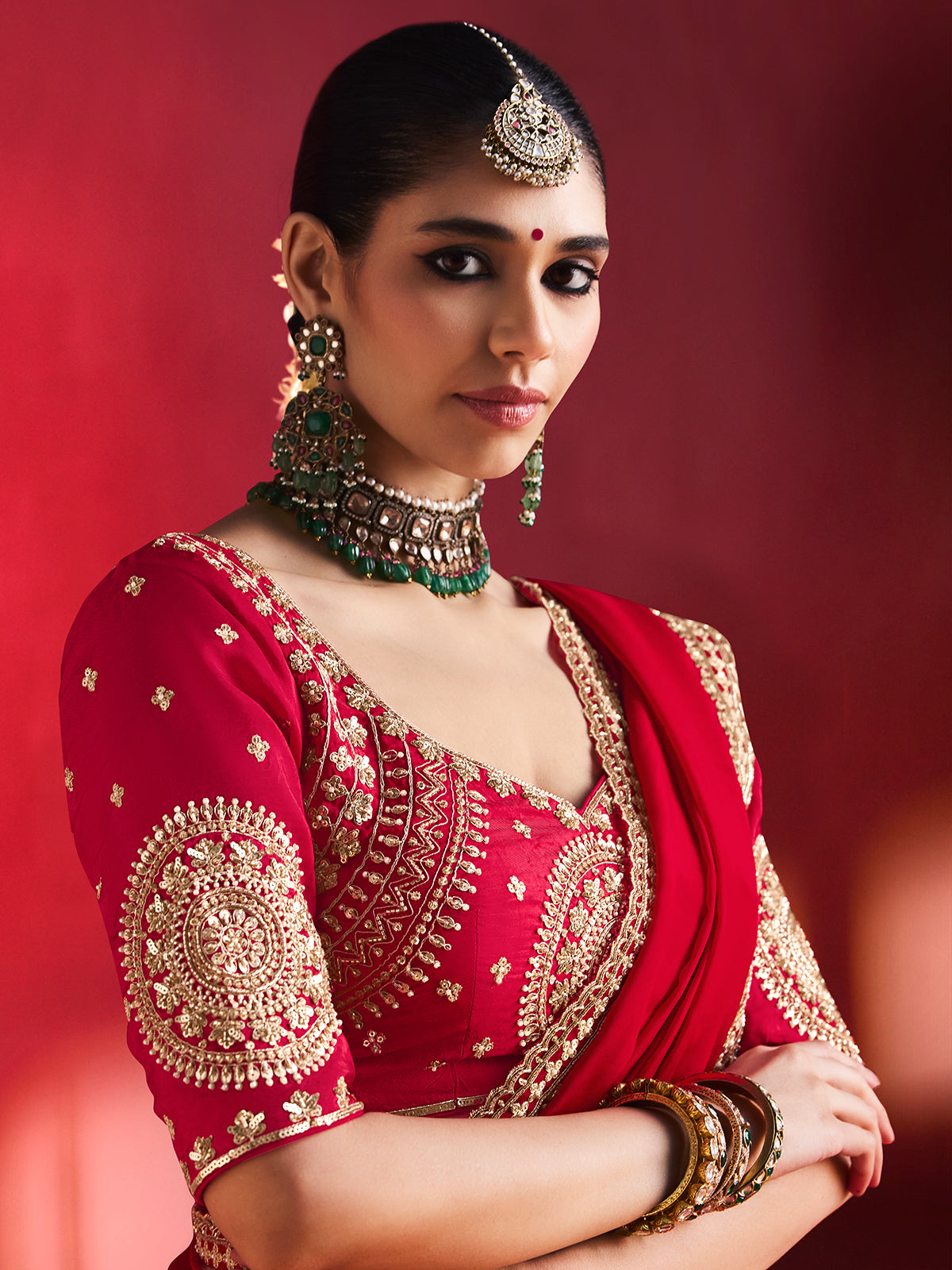 Red magnificent heritage motifs crepe silk women saree