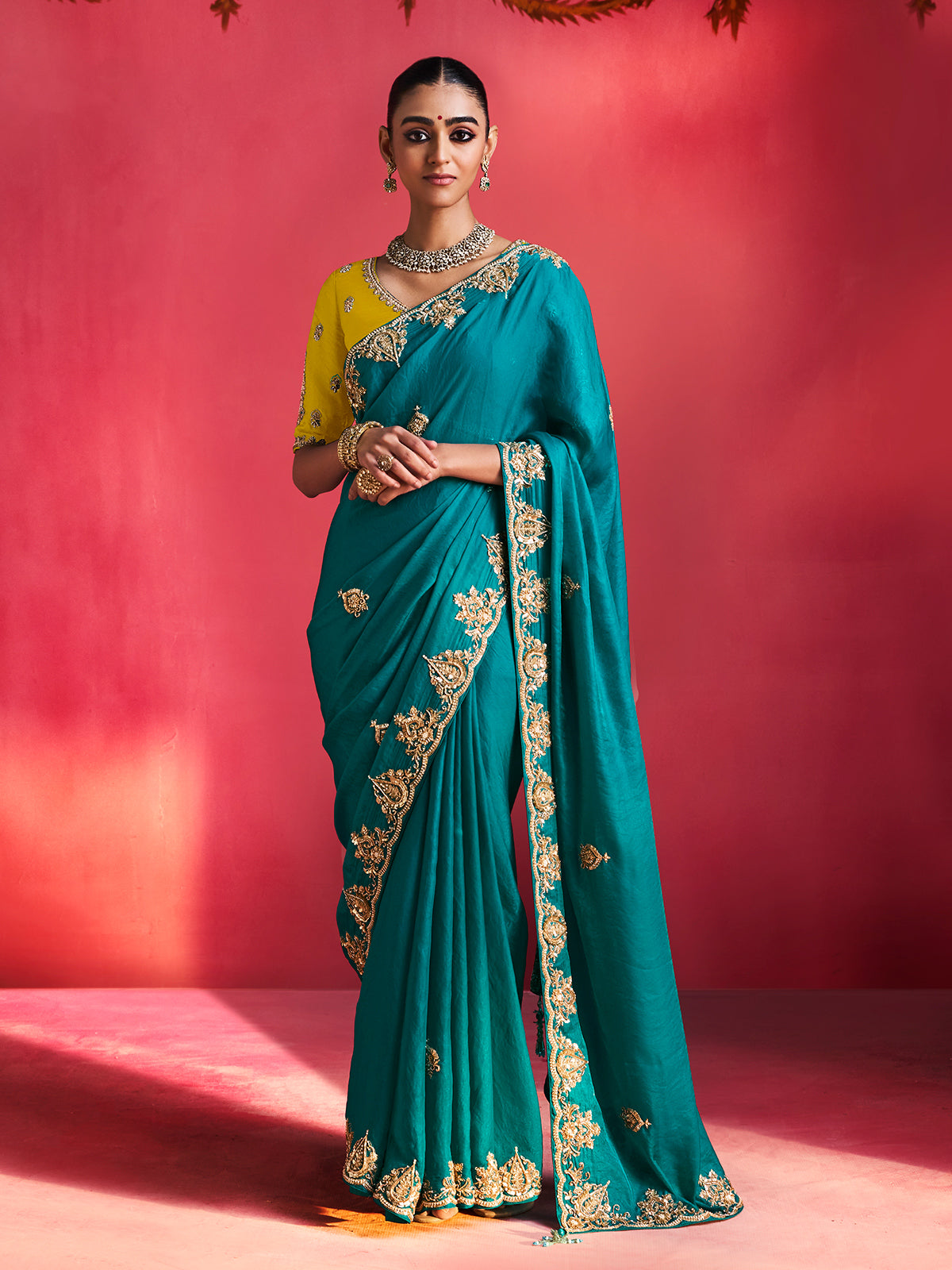 Teal blue exquisite detailing crepe silk women saree