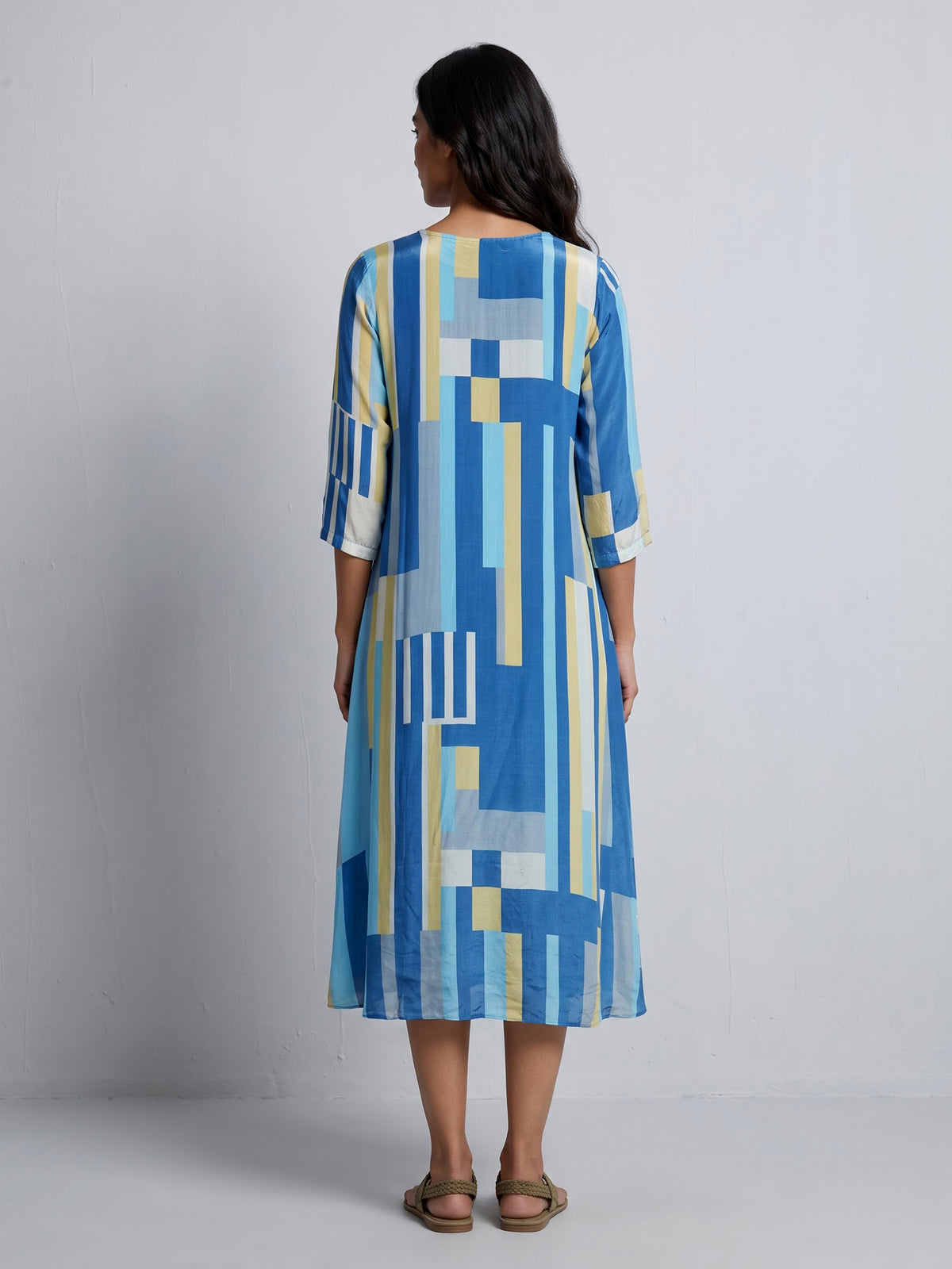 Sky blue geometric print women midi dress