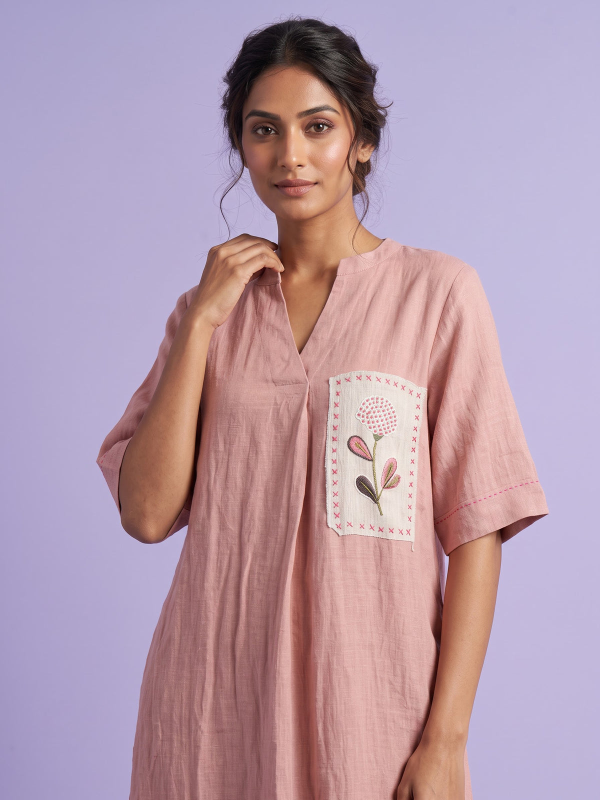 Peach botanical pocket women cotton dress