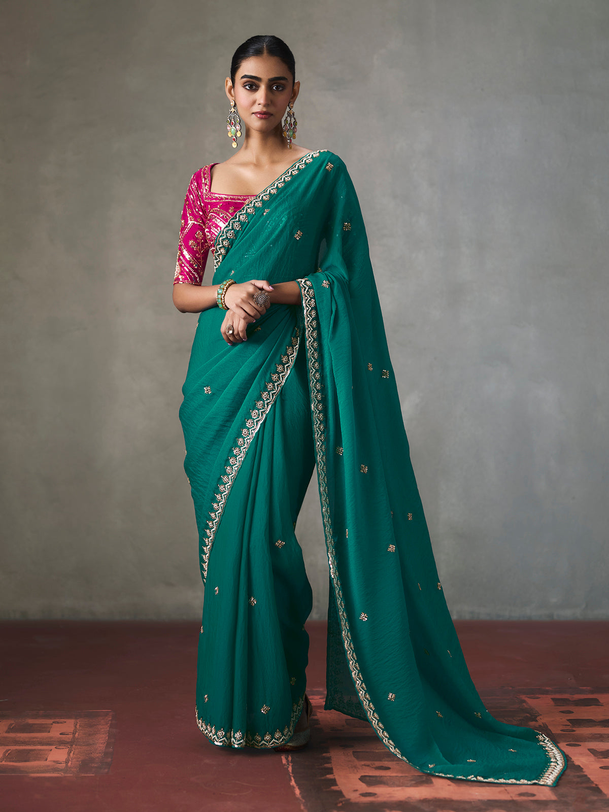 Teal green sparkling detail silk blend women saree