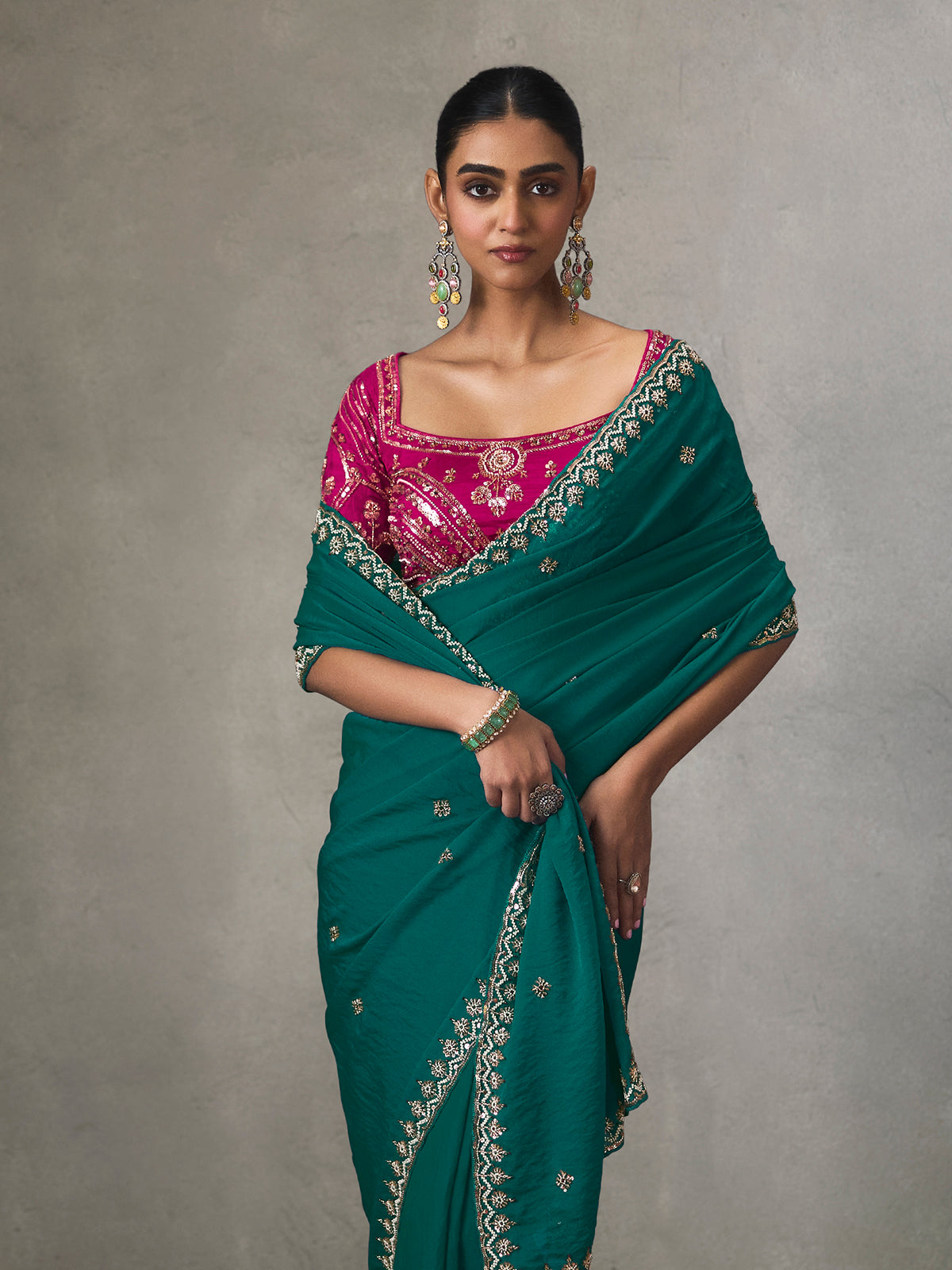Teal green sparkling detail silk blend women saree