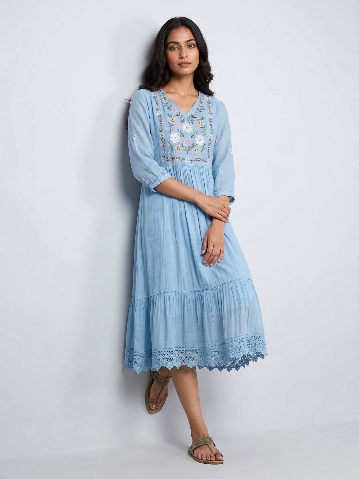 Blue folk floral women A-line dress