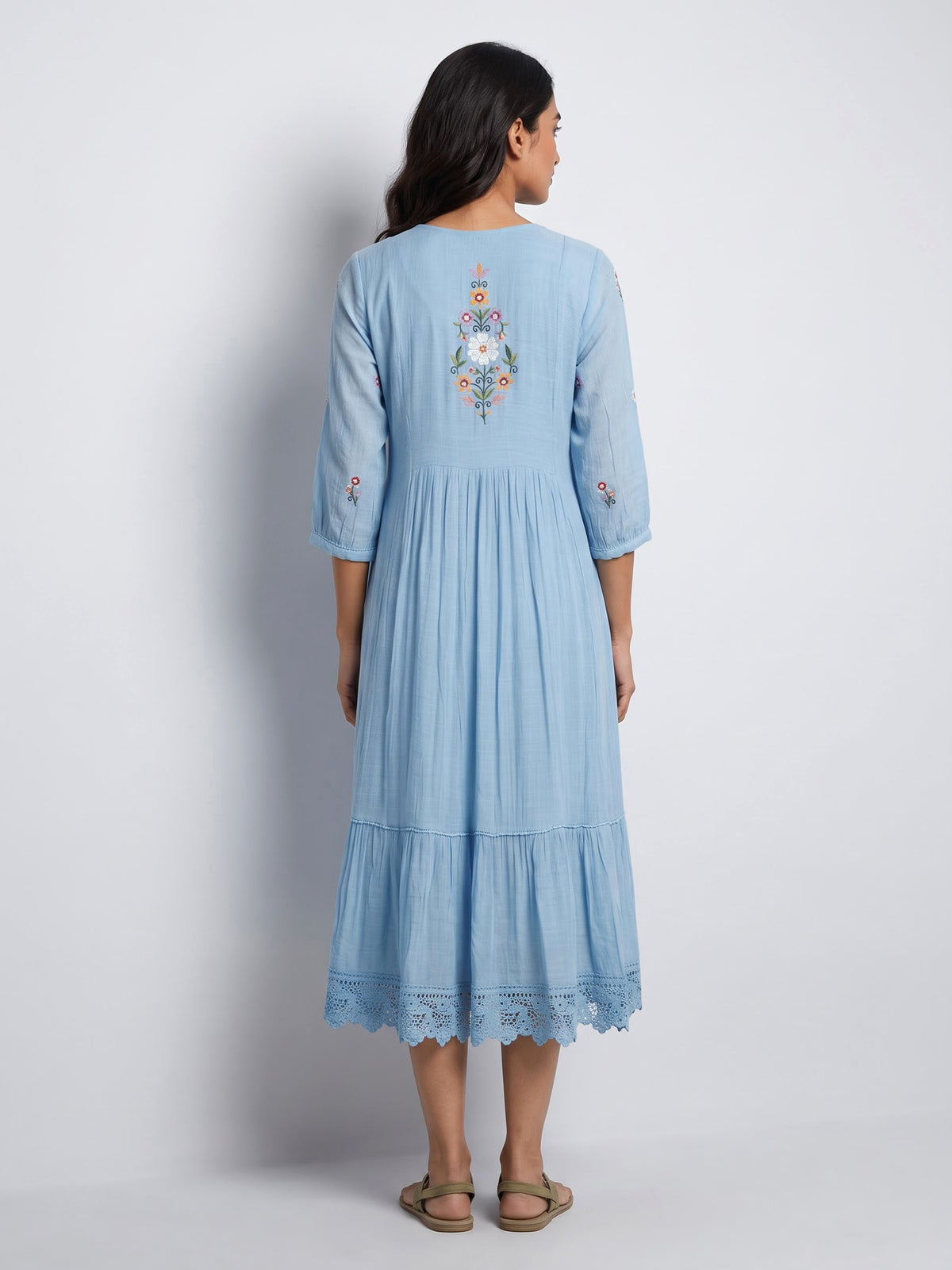Blue folk floral women A-line dress