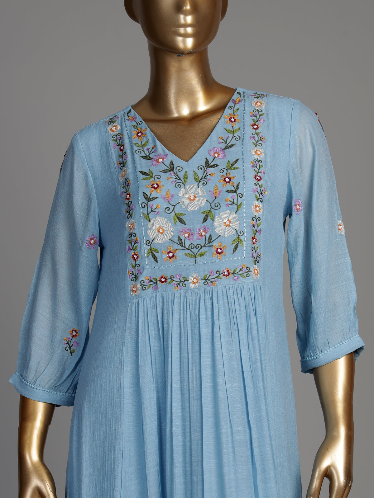 Blue folk floral women A-line dress
