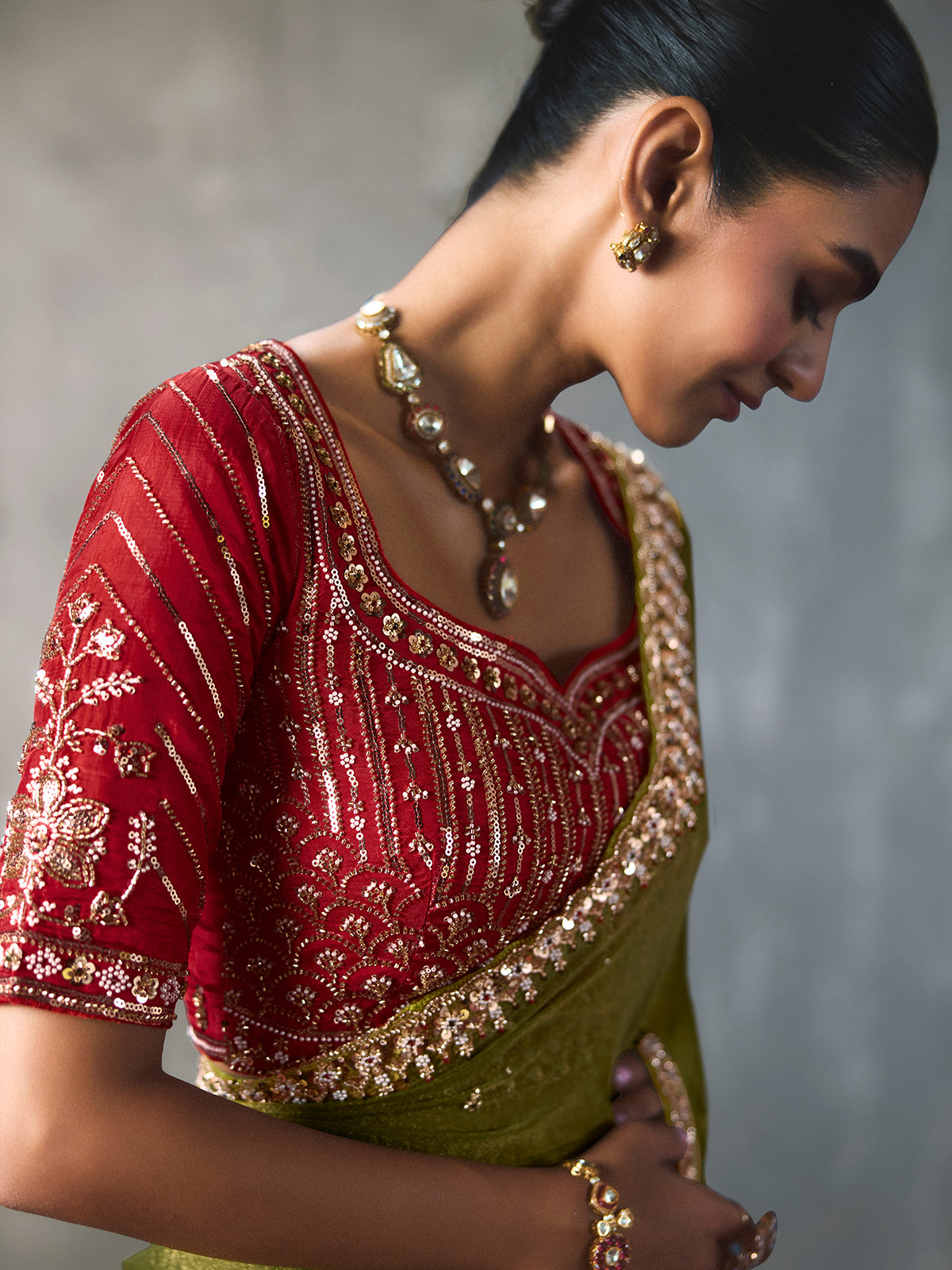 Olive green traditional accent silk blend women saree