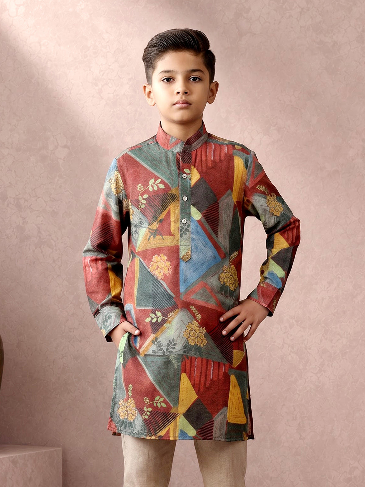 Multicolour geometric botanical boy kurta