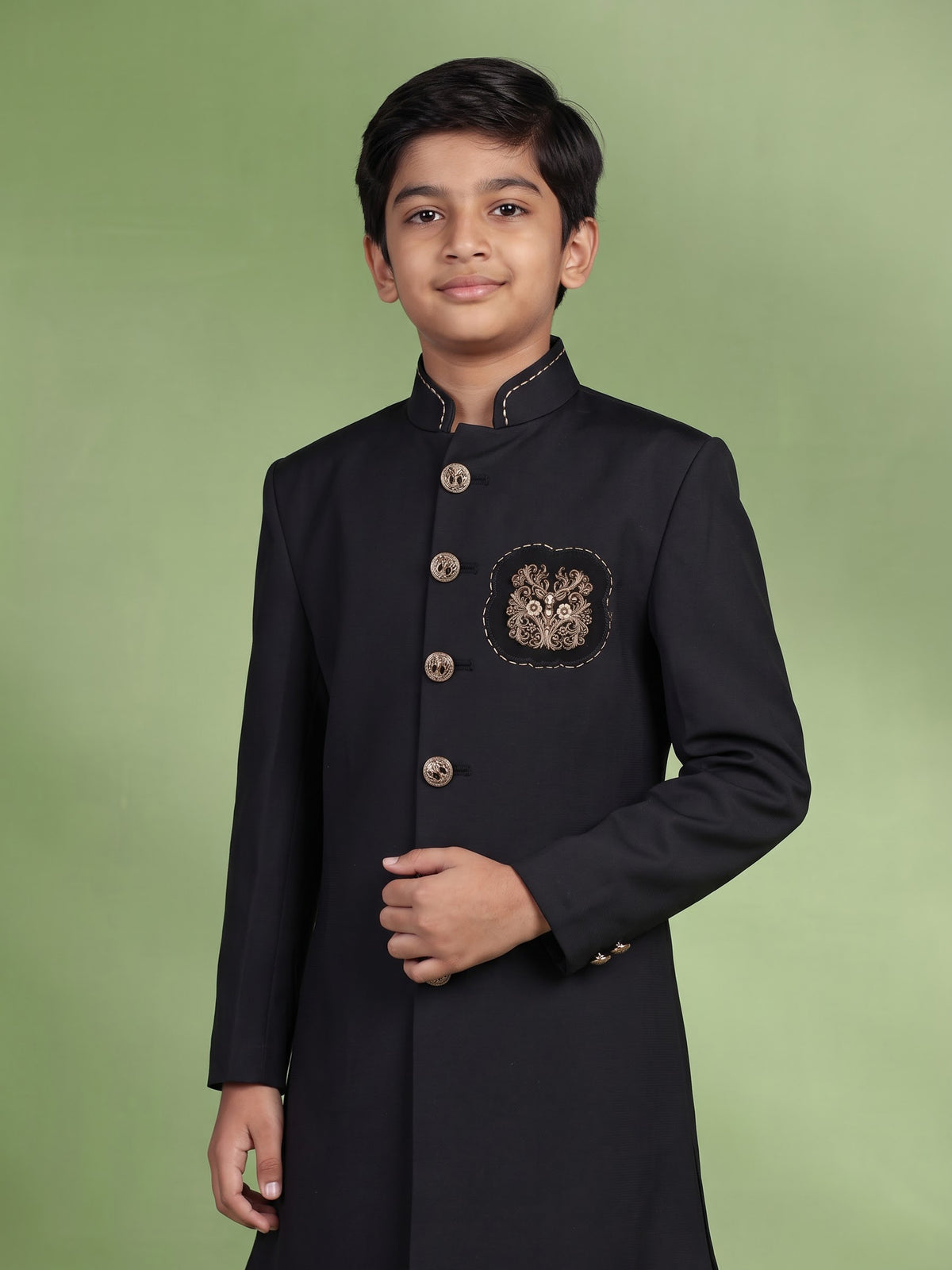 Deep midnight black terry rayon boys Indo-Western suit with royal owl crest