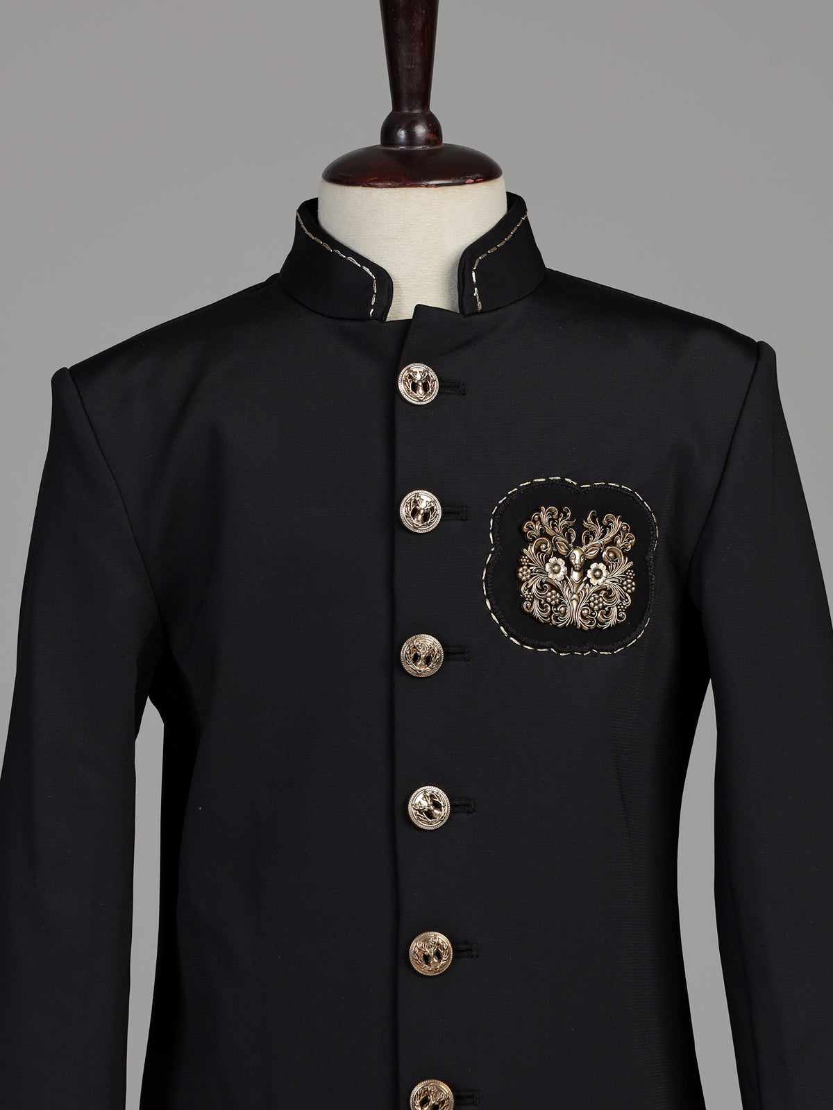 Deep midnight black terry rayon boys Indo-Western suit with royal owl crest