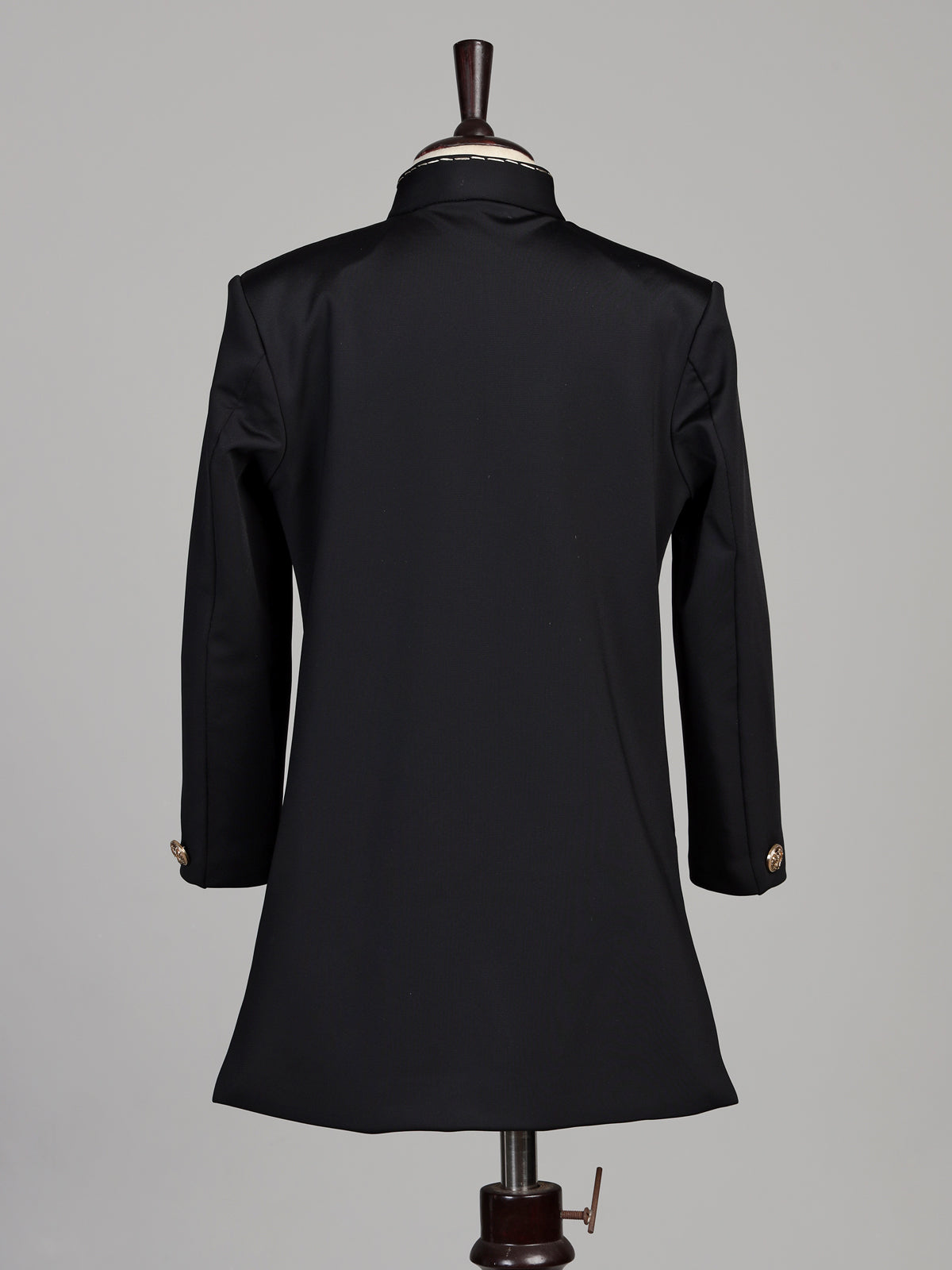 Deep midnight black terry rayon boys Indo-Western suit with royal owl crest